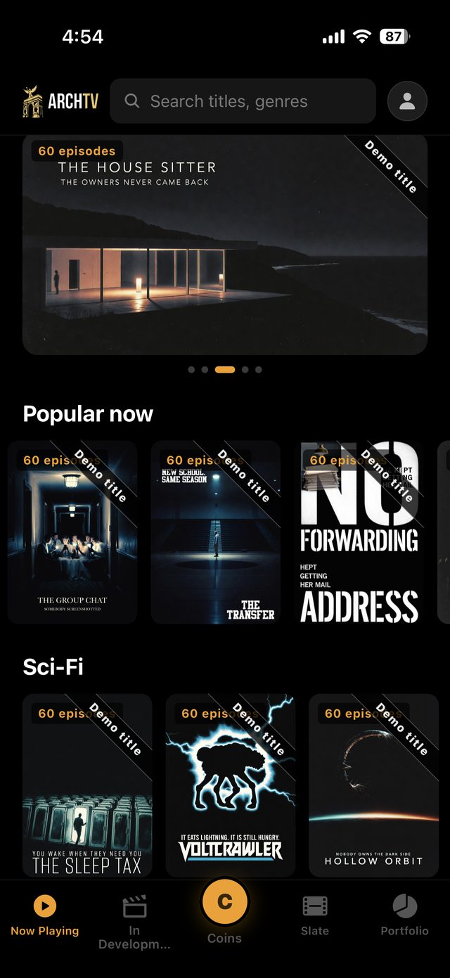The ArchTV player, showing a range of titles and genres