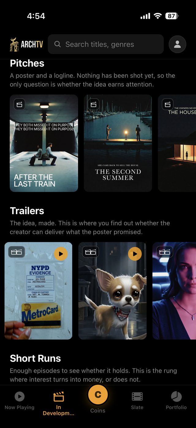 Titles grouped by stage: Pitches, Trailers and Short Runs